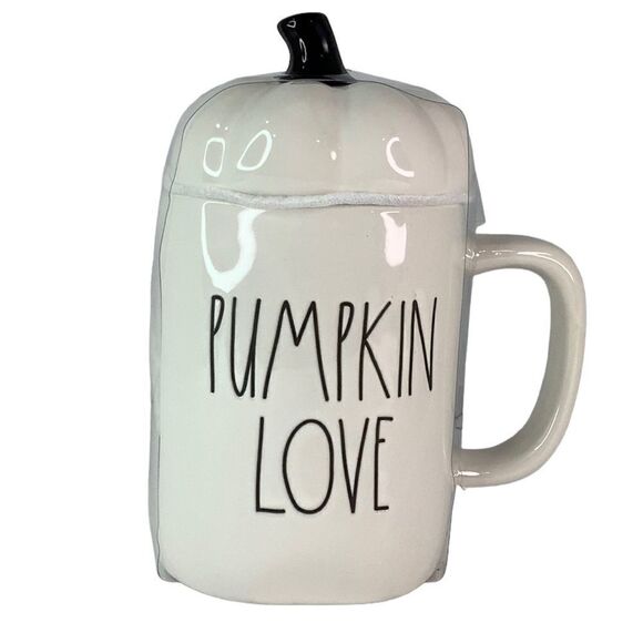 NEW! Rae Dunn PUMPKIN LOVE White Pumpkin Stem Topper Fall/Halloween Mug - Picture 1 of 7